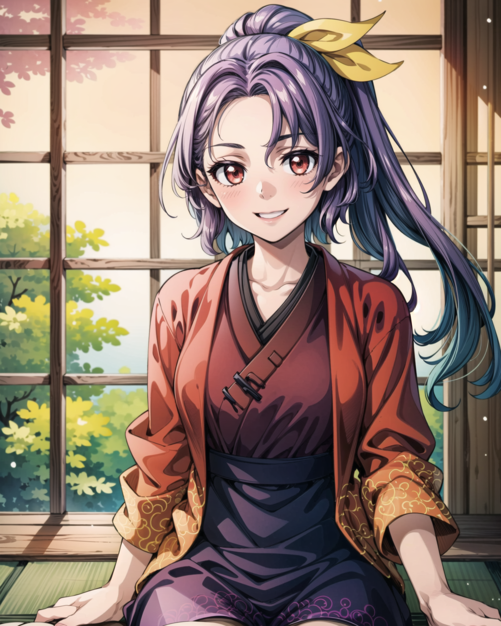 01465-4040233886-, cowboy shot, solo, 1girl, komakusa sannyo, smile, looking at viewer, sitting, ponytail, hair ribbon, japanese clothes, red kim.png
